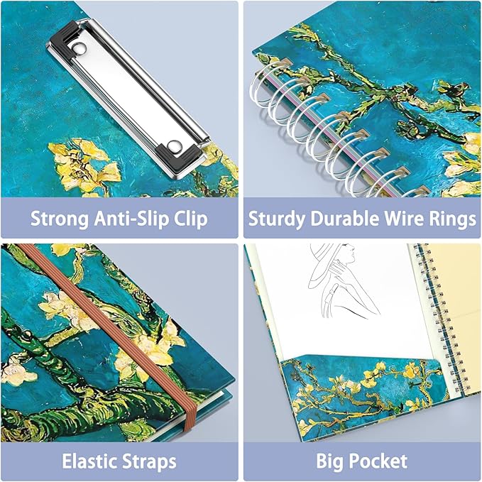 Rimilak Spiral Clipboard Folio with Refillable Lined Notepad, 14.5 x 9.8 in, Hardcover Cover with 5 Interior Pockets, Elastic Band and Pen Loop Series. Cute Stylish Clipfolio, Almond Tree