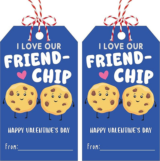 50Pcs Friend-chip Valentines Tags, Cookie Valentines Gift Label with String, Hanging Paper Gift Label for Wrapping Treat Bag, Idea Valentine's Activity School Classroom Party Favors