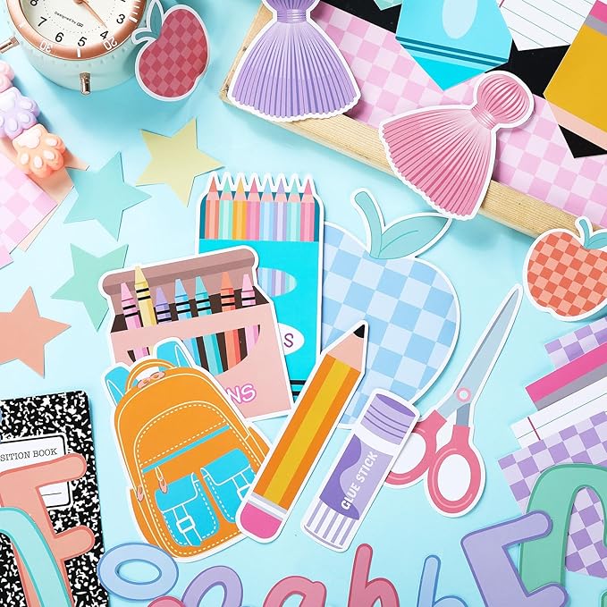 94 Pcs Composition Notebook Classroom Decor Welcome Back to School Bulletin Board Set Checkered Classroom Decor Pencil Apple Paper Cutouts for First Day of School Party Wall Door(Pastel)