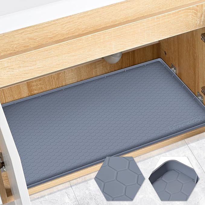 Waterproof Under Sink Mat 34" x 19", Silicone Cabinet Liner, Rubber Protector for Kitchen and Bathroom, Keeps Cabinets Clean, Dry, and Organized (Grey)