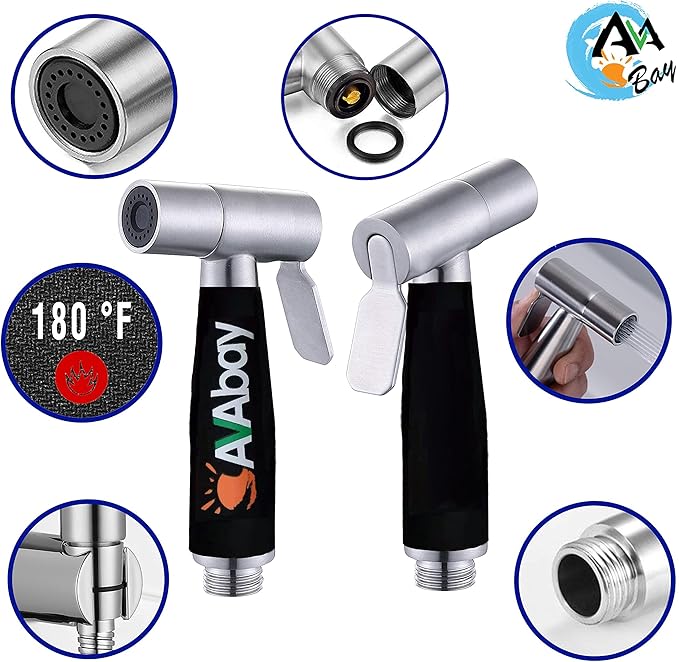 Stainless Steel Sprayer Head w/Thermal Grip-Bidet Spray w/Brushed Chrome Finish - Cloth Diaper Shattaf - Pet Wash