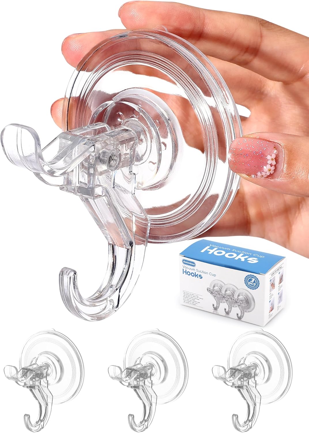 Antimbee 3 Pack Suction Cup Hooks, Clear Suction Cup Hanger, Removable Small Suction Cups for Shower, Bathroom, Glass, Door, Windows, Kitchen-Max Hanging up to 11 lbs on Smooth Surface