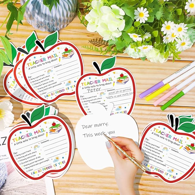 50Pcs Teacher Mail Notes to Parents, Happy Mail from Teacher, Brag Cards for Students Behavior Classroom Must Haves to Send Home for Preschool Kindergarten Elementary School Supplies (Apple)