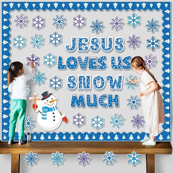 Winter Bulletin Board Decoration Set Winter Snowflakes Snowman Paper Cutouts Christmas Christian School Church Decor for Classroom Religious Christmas Home Wall Decor Supplies(Jesus Love Us Snow Much)