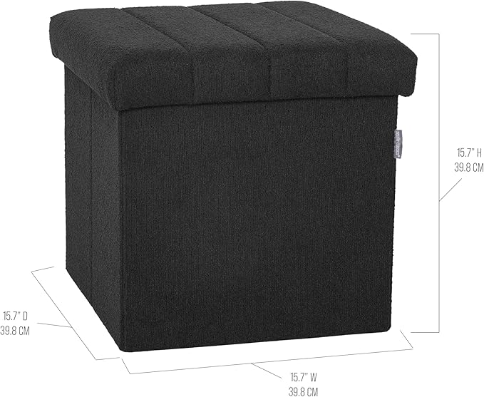 Seville Classics Cushioned Fabric Ottoman Hidden Storage Chest Footrest Chair, Padded Seat for Bedroom, Dorm, Loft, Living Room, Entryway, Hallway, Black Boucle, 15.7" Cube