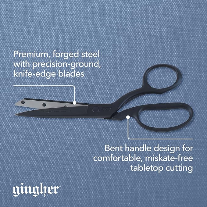 Gingher Featherweight Bent Handle Scissors - 8" Stainless Steel Shears - Sharp Fabric Scissors - Black