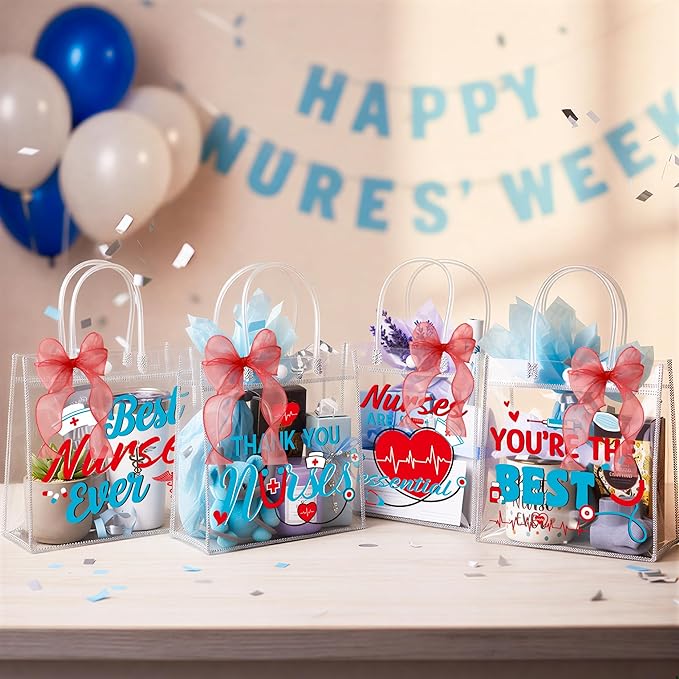 H1vojoxo Nurse Appreciation Gift Bags - 24PCS Nurse Clear PVC Gift Bags with Red Bow Ribbon Nurses Week Thank You Gifts Bag with Handles for Medical Assistant Healthcare Workers Best Nurses Ever