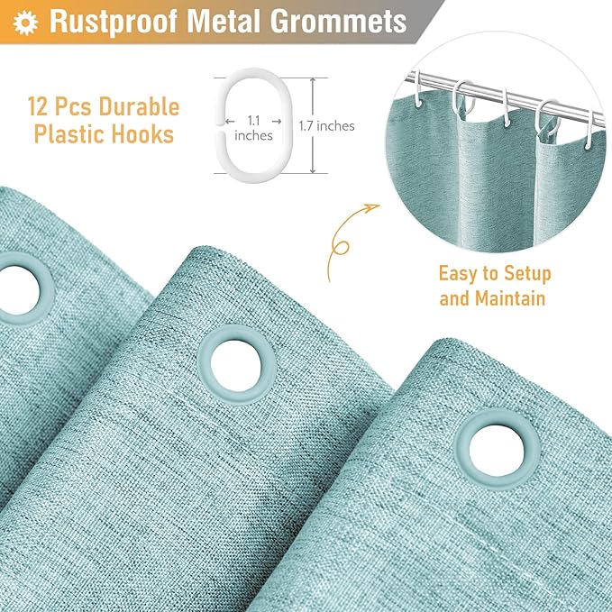 BTTN Teal Linen-Look Shower Curtain, Heavy Duty Waterproof Fabric Shower Curtain Set with 12 Plastic Hooks, Turquoise Simple Hotel Luxury Decorative Cloth Shower Curtain for Bathroom, 72x72 Inch