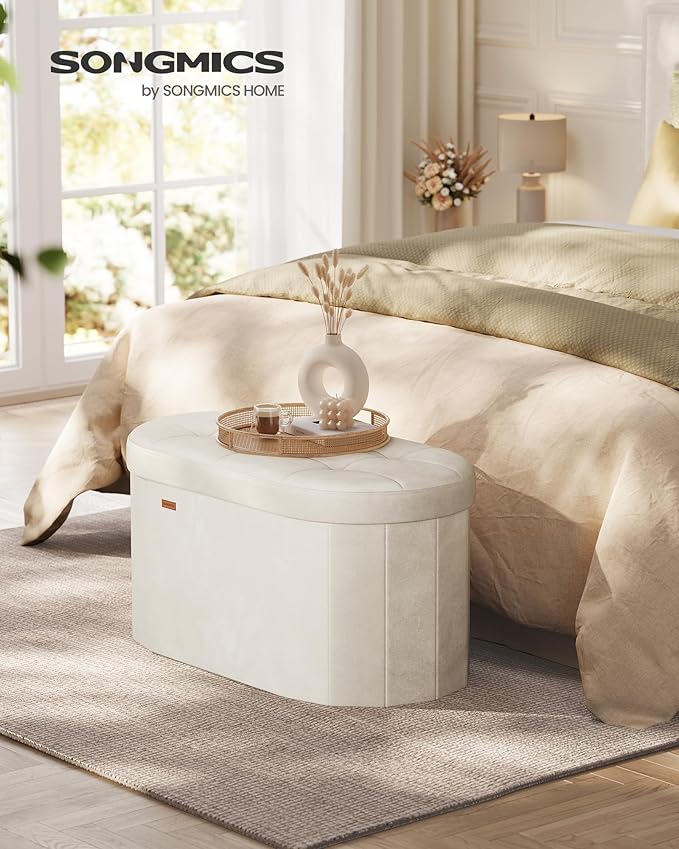 SONGMICS Mazie Collection - Folding Ottoman with Storage, Oval Storage Ottoman Bench, for Living Room, Bedroom, Velvet Fabric, 15 x 30 x 15 Inches, Cream White ULSF267LH01
