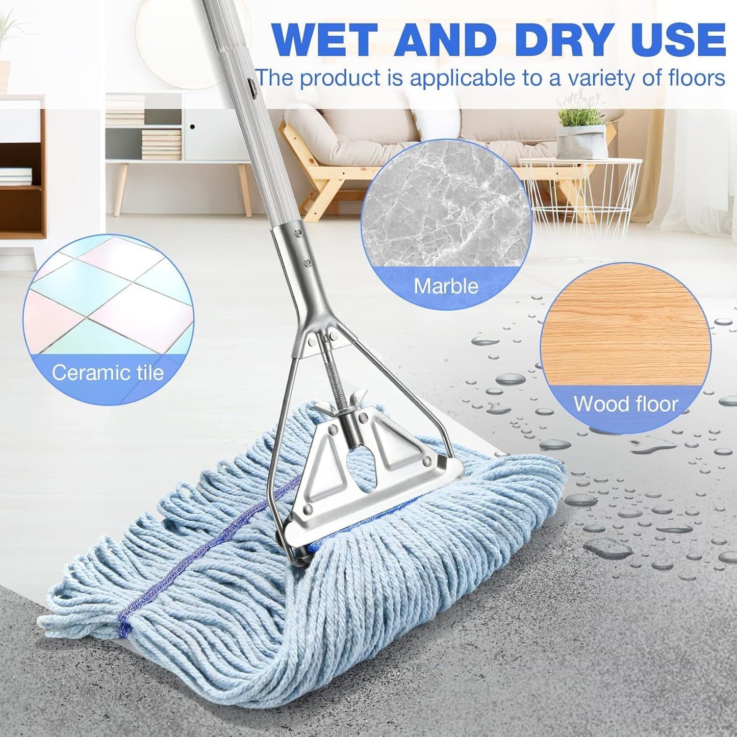 Commercial Mop Handle Heavy Duty,Industrial Metal Mop Stick Replacement for Home, Garage, Office, Workshop,Warehouse Floor Cleaning,2Pack