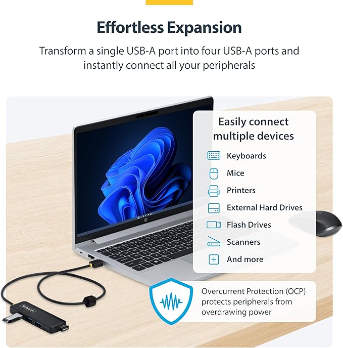 StarTech USB-A 4-Port Hub, SuperSpeed 5Gbps, 4 × USB-A Adapter, Bus-Powered Portable Hub with Extra Long 2 ft Cable, Plug-and-Play for MacBook, Dell, Chromebook, PC & Peripheral Devices
