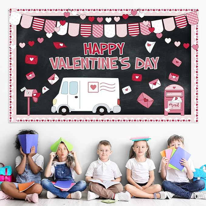 Valentine's Day Bulletin Board Set Valentines Classroom Decoration Postal Vehicle Bulletin Board Borders Valentine's Day Special Cutouts for Holiday School Office Chalkboard Wall Door Decor Supplies