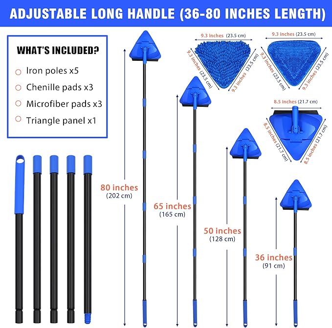 Wall Mop Cleaner Long Handle 80 inches, 180° Folding Ceiling Washer Scrubber and Squeegee, Triangle Baseboard Cleaning Tool Duster with 6 Microfiber Chenille Pads for Painted Walls Window Floor