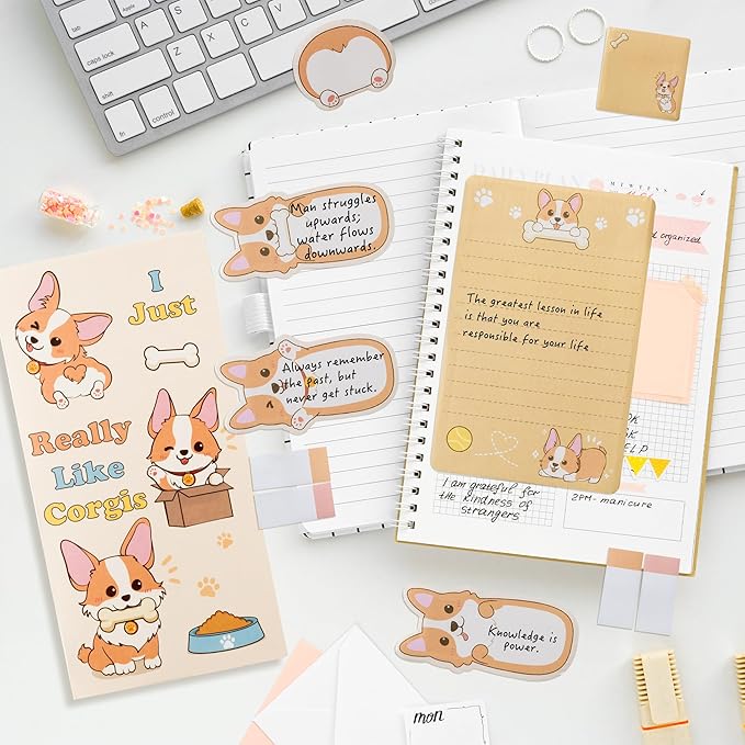 Xqumoi 2 Pack I Just Really Like Corgis Sticky Notes Set - Cute Cartoon Corgis Self-Stick Notes Pads Animal Divider Tabs Bundle Writing Memo Pads Page Marker Back to School Office Supplies Small Gift