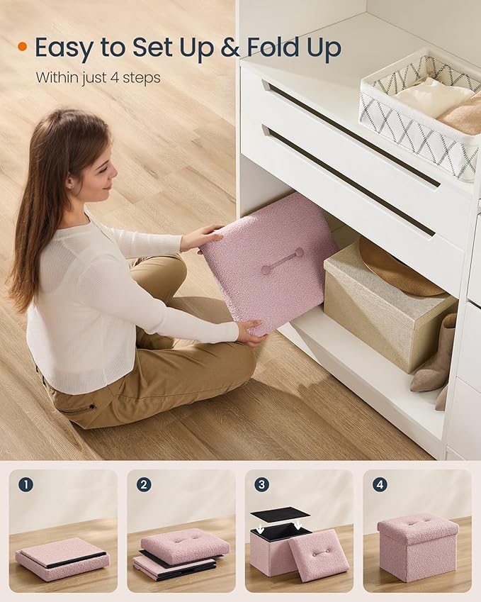 SONGMICS Small Folding Storage Ottoman, Foot Rest Stool, 12.2 x 16.1 x 12.2 Inches, Ottoman with Storage, Load up to 286 lb, for Living Room, Bedroom, Dorm, Jelly Pink ULSF094R01