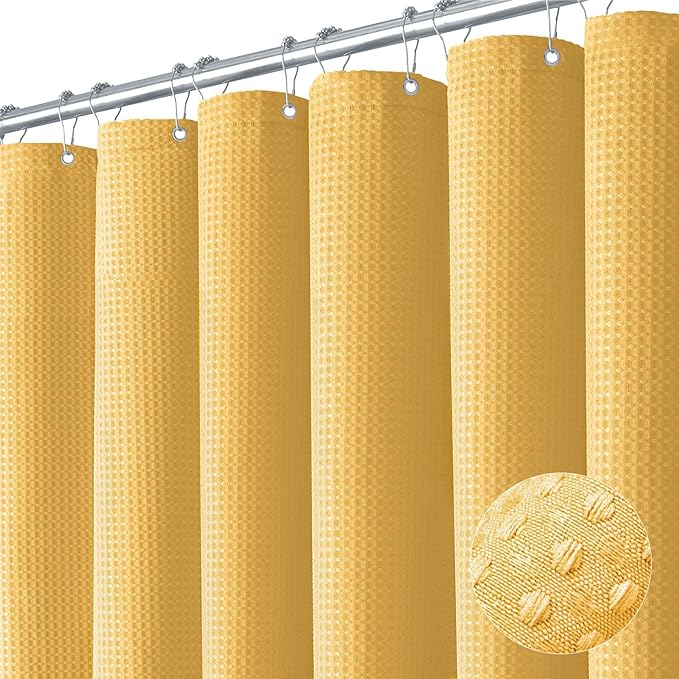Dynamene Long Fabric Shower Curtain - 78 inch Long Waffle Weave Weighted Cloth Shower Curtains for Bathroom, Neutral Heavy Duty Hotel Spa Luxury Bath Curtain Set with 12 Hooks, 72x78, Gold