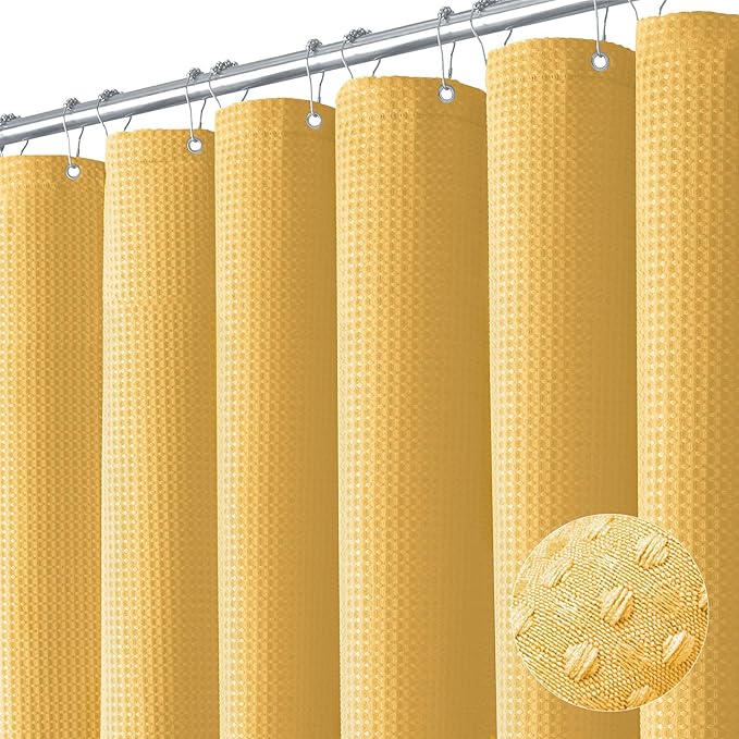 Dynamene Extra Long Shower Curtain - 84 Inch Long Waffle Weave Heavy Duty Fabric Bathroom Shower Curtain, Neutral Weighted Hotel Thick Bath Curtain Set with 12 Plastic Hooks,72x84, Gold