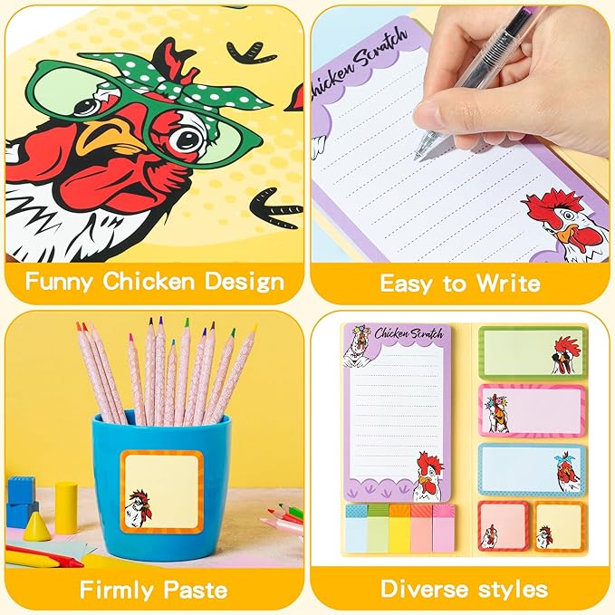 B1ykin Cute Sticky Notes Set - Chicken Scratch Self-Stick Notes Pad, 550 Sheets Writing Memo Pages Sticky Notepad for Teacher Appreciation Gifts, School Office Party Favors Supplies (Funny Chicken)