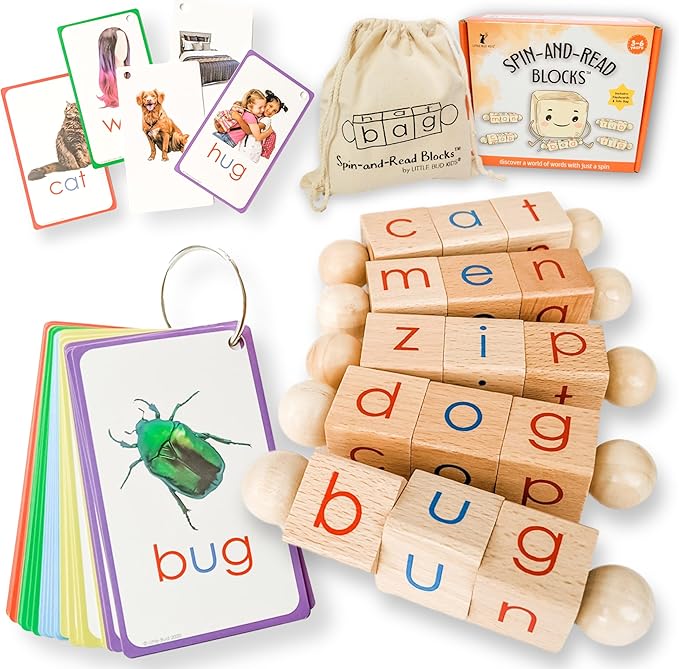 LITTLE BUD KIDS Spin-and-Read Montessori Phonetic Reading Blocks with CVC Phonics Flashcards for Beginner Readers, Montessori Reading Wooden Toys for 3 Years +