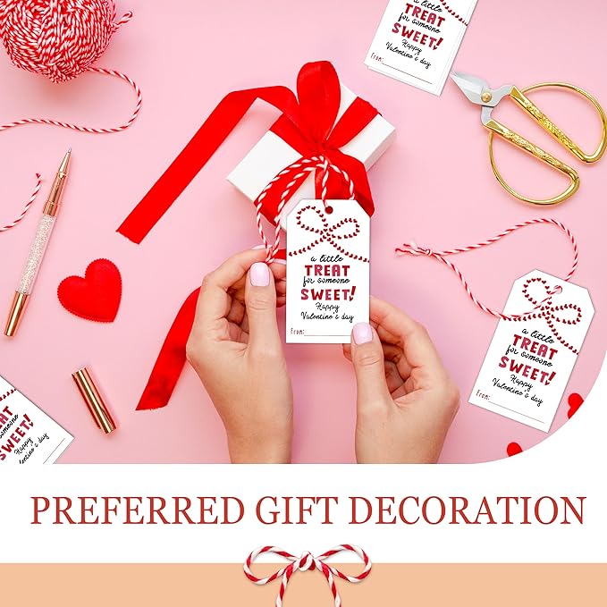 3.5 x 2.1 in Valentines Day Gift Sticker Tags - 50Pcs A Little Treat Happy Valentine Tags with String, Gift Label Idea Valentines Activity School Classroom Party Favors