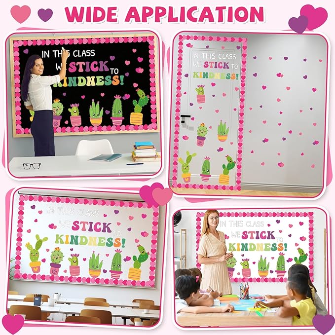 Valentine's Day Classroom Bulletin Board Decorations Valentines Heart Paper Cutouts Kindness Cactus Bulletin Board Set Inspirational Motivational Classroom Decor for Back to School Home Wall Decor
