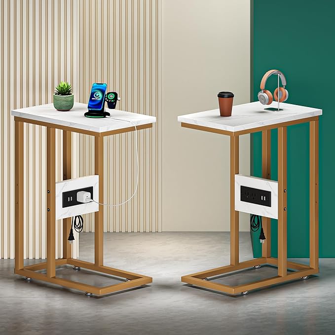VECELO C Shaped End Table with Charging Station & Power Outlets, Quick Access Side Table for Sofa, C Bedside for Living Room Bedroom 2 Set,Gold