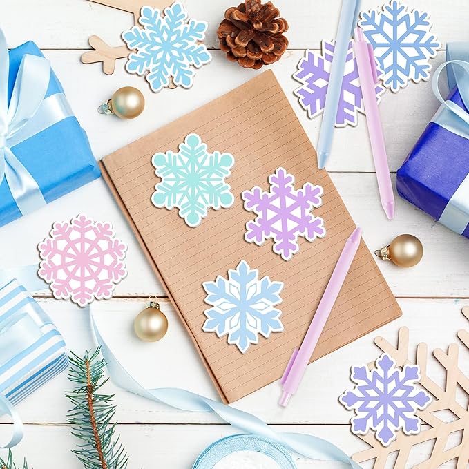 Bright Color Sticky Note - 72 Pcs Blue Purple Winter Snowflake Super Sticky Notes Memo Pads Polyester Ribbons Smooth Writing Pens Stationery Set Strong Adhesive Sticking Power School Supplies
