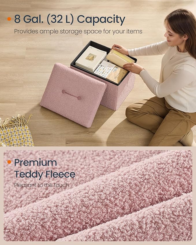 SONGMICS Small Folding Storage Ottoman, Foot Rest Stool, 12.2 x 16.1 x 12.2 Inches, Ottoman with Storage, Load up to 286 lb, for Living Room, Bedroom, Dorm, Jelly Pink ULSF094R01