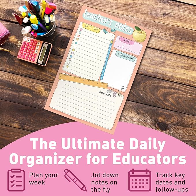 Sweetzer & Orange Teacher Planner Pad – Weekly Undated Lesson Planner for Teachers – 60 Tear-Off Sheets – 9” x 6” Compact Desk Notepad with Notes and Contact Section – Stylish Peach Border