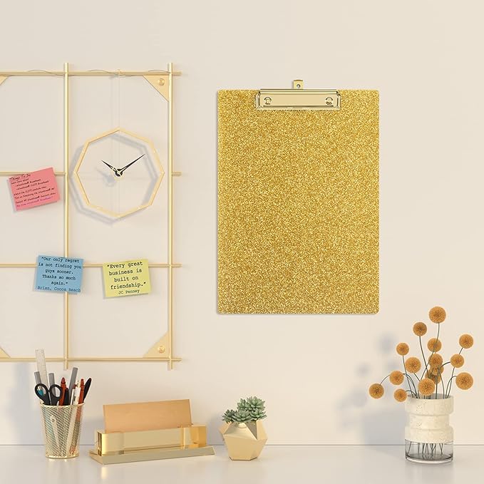 Piasoenc Acrylic Clipboards, Fashion Glitter Clip Board with Low Profile Gold Clip, Designed for Classroom School and Office Use, A4 Letter Size 9 x 12.5 in,Gold