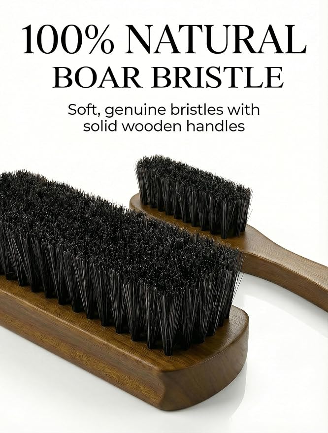 TAKAVU Leather & Upholstery Cleaning Brush Set, 100% Black Boar Bristle, to Clean Car Seats & Leather Sofas, for Alcantara, Interiors, Furniture, Boots, Shoes, Bags and More