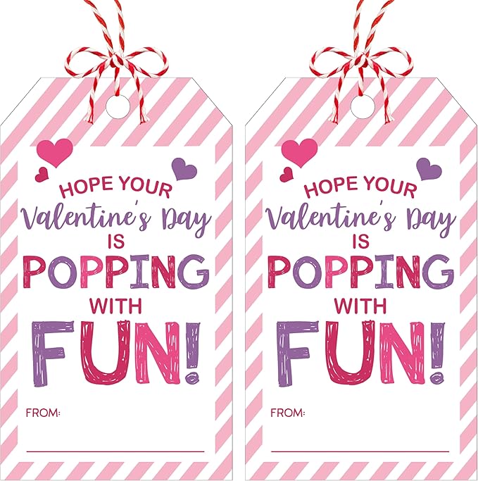 50 Pcs Have A Poppin Valentines Day Sticker Label, Valentine Gift Tags with String, Gift Label Idea Valentines Activity Party Favors-Pink White