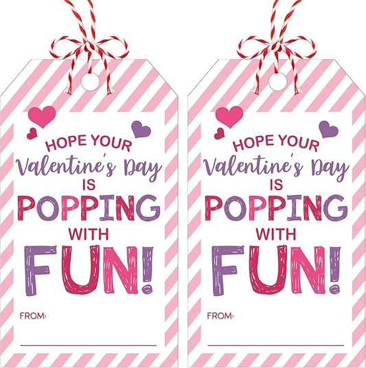 50 Pcs Have A Poppin Valentines Day Sticker Label, Valentine Gift Tags with String, Gift Label Idea Valentines Activity Party Favors-Pink White