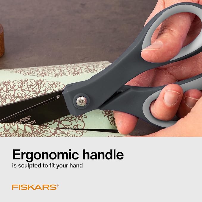 Fiskars 8" Non-Stick Comfort Grip Titanium All Purpose Scissors, Stainless Steel Blades for Everyday Cutting Tasks, Home, Office, and Arts & Crafts, Gray