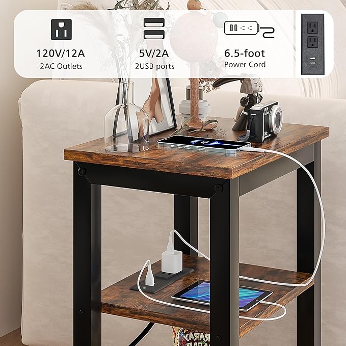 VECELO Modern Nightstands with Charging Station,Side End Table Night Stand with Storage Shelf for Small Spaces, Bedroom,Living Room