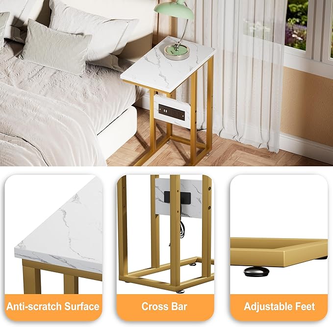VECELO C Shaped End Table with Charging Station & Power Outlets, Quick Access Side Table for Sofa, C Bedside for Living Room Bedroom 1 Set,Gold