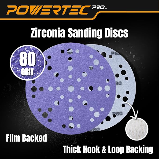 POWERTEC PRO 46101Z 50PK 6 Inch 49 Holes Sanding Disc & Abrasive Cleaning Stick, 80 Grit Zirconia Hook and Loop Film Backing Sandpaper for Festool Random Orbital Sanders-Automotive, Metal, Woodworking