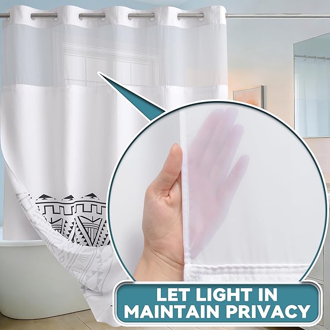 Conbo Mio Extra Long No Hook Waffle Weave Shower Curtain with Snap in Liner Set, Hotel Luxury Boho Shower Curtains for Bathroom with See Through Top Window, Waterproof, Washable 71W x 84H White