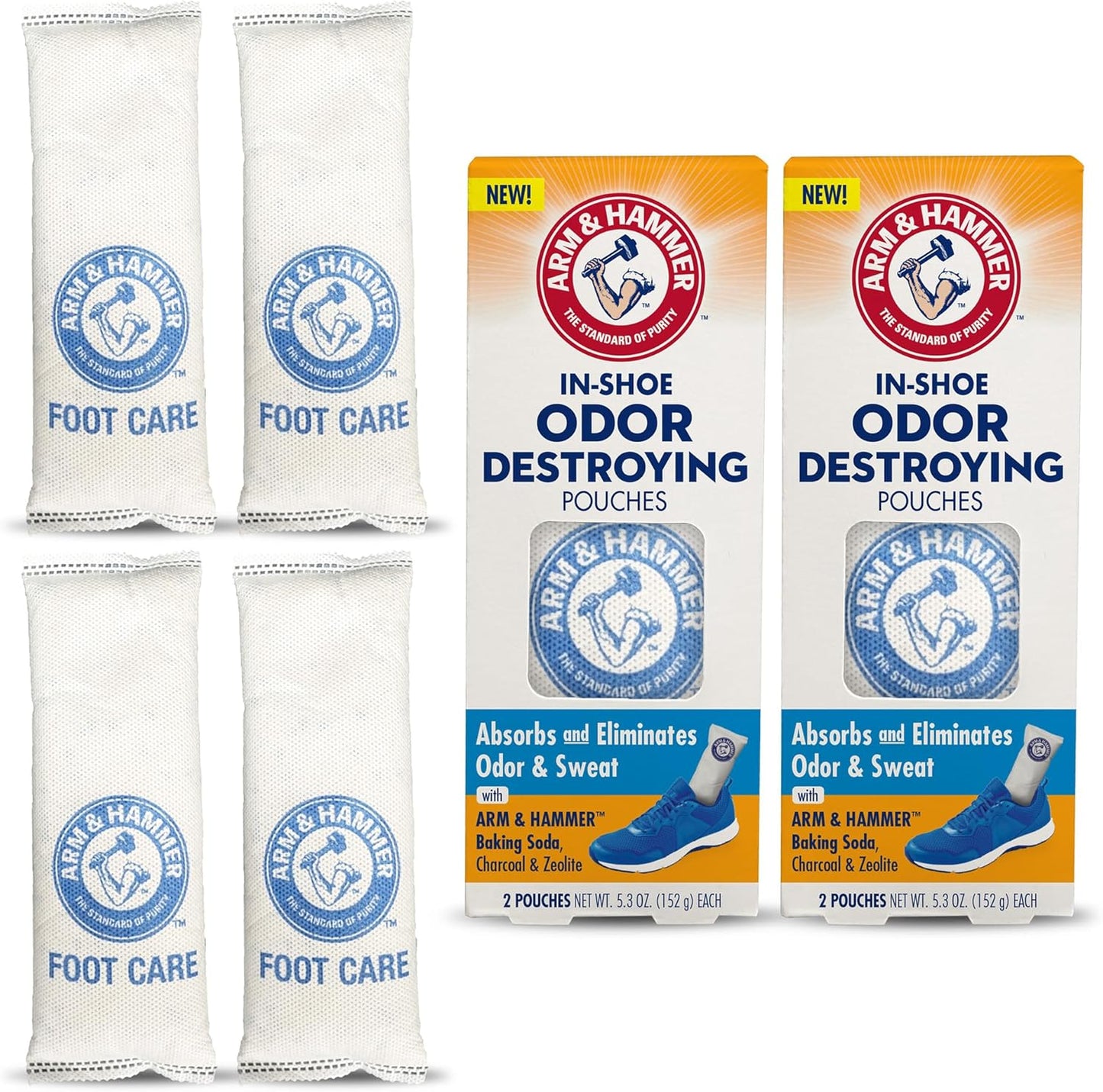 Arm & Hammer In-Shoe Odor Destroying Pouches, Shoe Deodorizer Insert for Reducing Odor and Absorbing Moisture, Smell Eliminator for All Footwear, Gym Bags and Work Boots (2 Pairs)