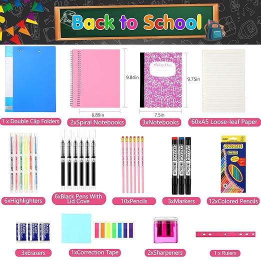 126 Pcs Christmas Middle High School Supplies Kit with Backpack for Student 7-12 Grades, School Supplies Bulk Bundle Essential Notebook Calculator for Xmas Holiday Gifts(Hot Pink Aesthetics)