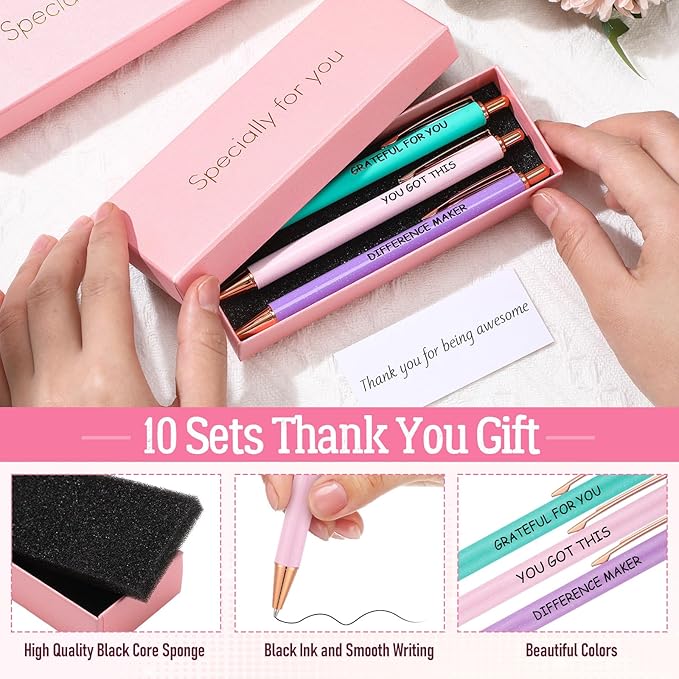 Tenceur 50 Pcs Pink Thank You Gifts for Women Bulk Employee Appreciation Gift Set with 30 Luxury Ballpoint Pens 10 Greeting Cards and 10 Gift Boxes for Teacher Nurse Coworker Volunteers(Appreciate)