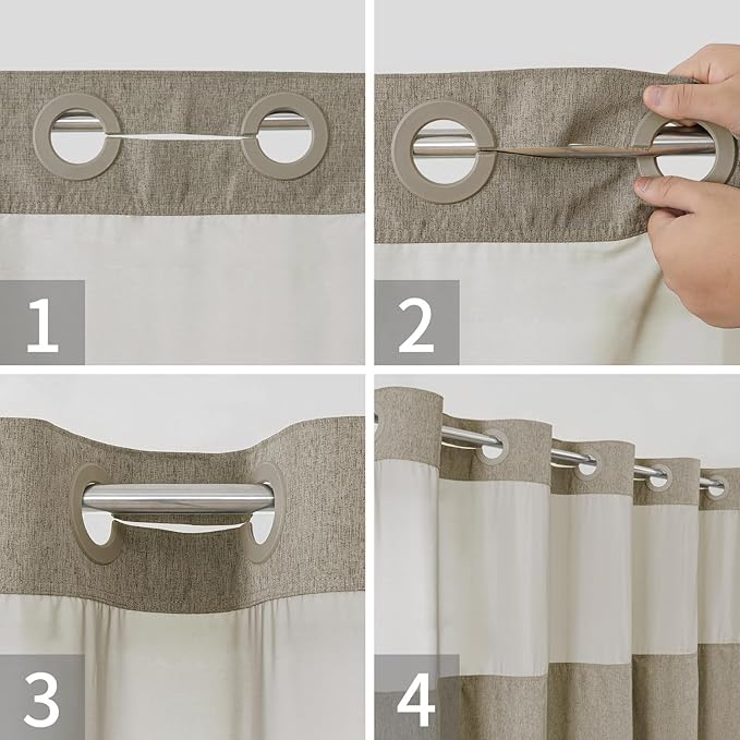 Extra Long No Hooks Needed Linen Textured Shower Curtain with Snap-in Fabric Liner Set,Hotel Luxury Decor Shower Curtains for Bathroom,Waterproof & Washable,71Wx86H,Khaki/Tan