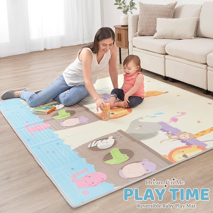 Dream On Me Play Time Reversible Baby Play Mat Foldable Extra Large Thick Foam Crawling Playmats for Toddlers Waterproof Portable Playmat, Happy Feet