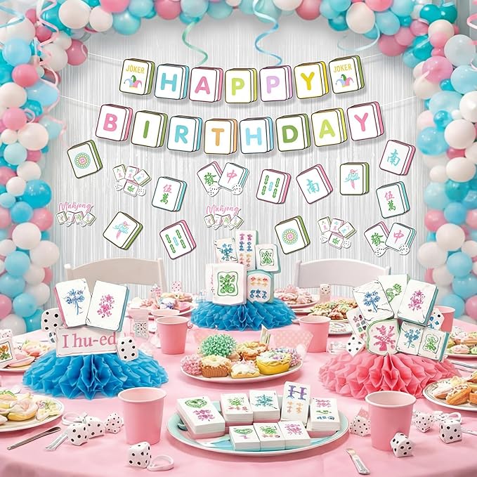 Epakh 39 Pcs Mahjong Birthday Party Decorations Includes 24 Pieces Paper Cards Decor 13 Pcs Happy Birthday Banner 2 Pieces Foil Fringe Curtain Backdrop for Photo Prop Themed Party Supplies