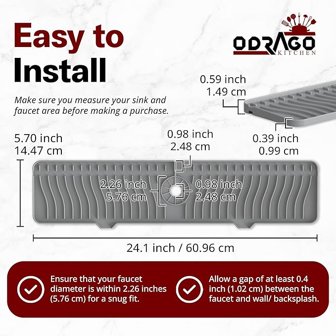 ODRAGO Silicone Kitchen Sink Splash Guard - 24.01 Inch Faucet Mat for Kitchen Sink Water - Longer Faucet Handle Drip Catcher Tray-Sink Guard for Kitchen Sink (Grey)