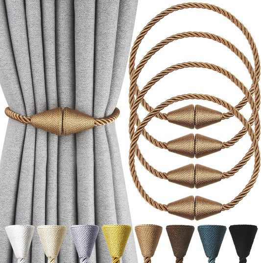 4 Pack Magnetic Curtain Tiebacks Rope Modern Handmade Curtain Tie Backs Decorative Drapes Weave Holdbacks for Window Décor, Khaki