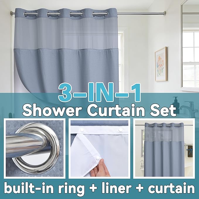 Conbo Mio Stall No Hook Waffle Weave Shower Curtain with Snap in Liner Set, Hotel Luxury Grey Shower Curtains for Bathroom with See Through Top Window, Waterproof, Washable 54W x 74H