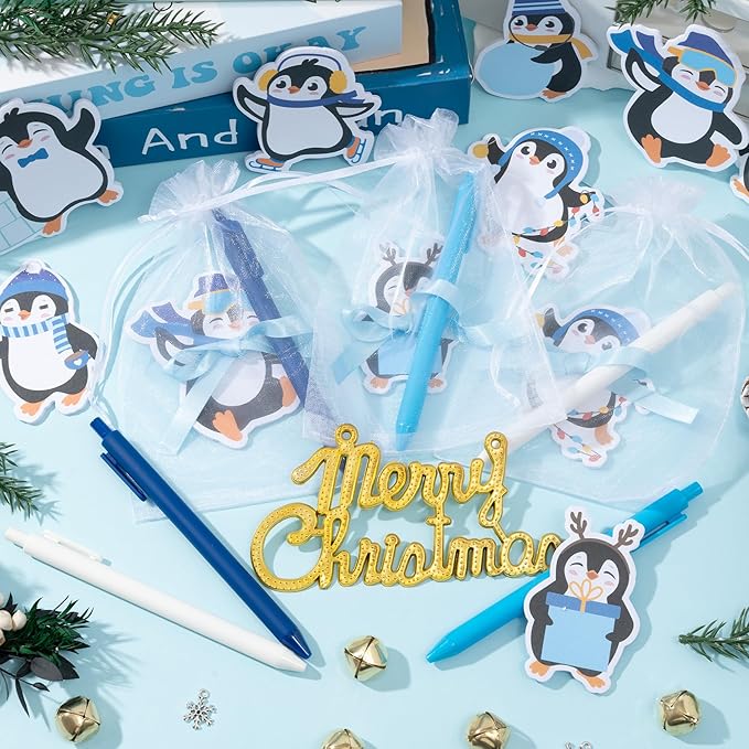 Xqumoi Winter Penguin Sticky Notes with Pen Gift Set - 24 Set Christmas Polar Animal Self Sticky Writing Memo Notepads Ballpoint Pens Mesh Bag Party Favors School Classroom Rewards Office Supplies