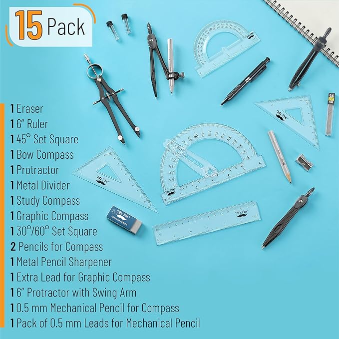Mr. Pen- Geometry Set, 15 pcs, Black, 6 Inch Swing Arm Protractor, Divider, Set Squares, Ruler, Compasses and Protractor