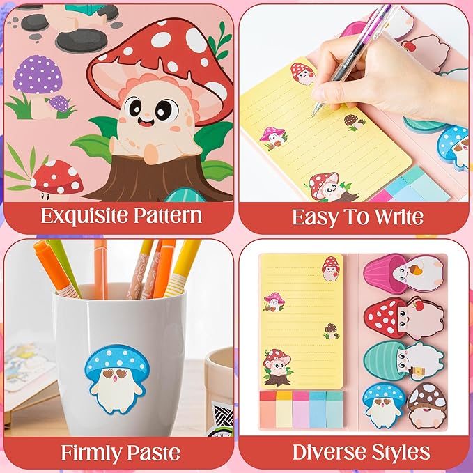 B1ykin Cute Sticky Notes Set - Lovely Mushroom Shaped Self-Stick Notes Pad, 550 Sheets Writing Memo Pages Sticky Notepad for Teacher Appreciation Gift, School Office Party Favors Supplies (Mushroom)